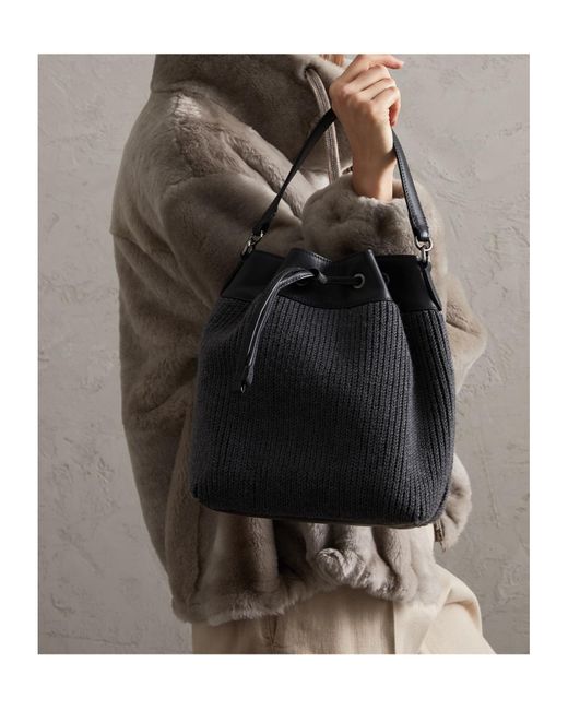 Brunello Cucinelli Black Drawstring Cable-Knit Tote Bag