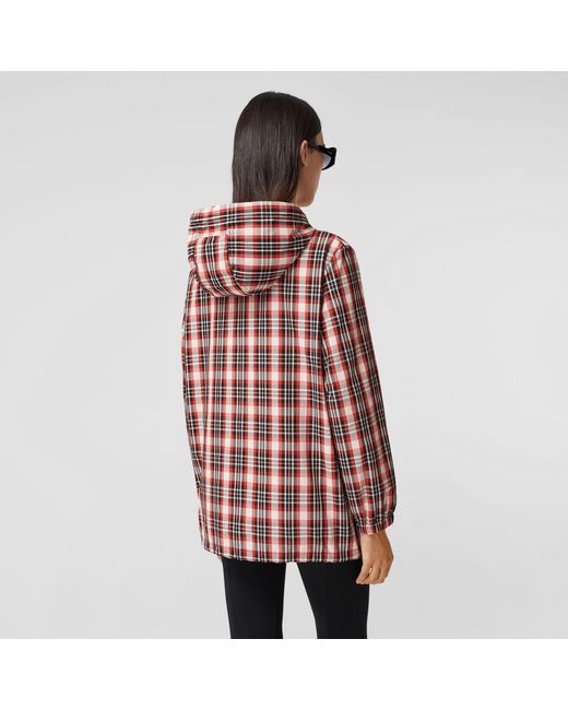 Burberry Red Logo Appliqué Tartan Parka Jacket