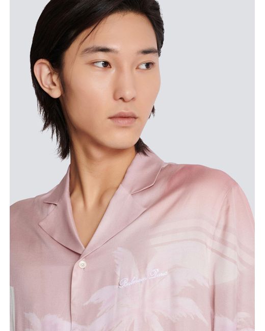 Balmain Pink Twill Palm Tree Print Shirt for men