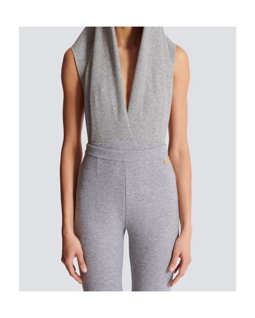 Balmain Gray Draped Bodysuit With Hood
