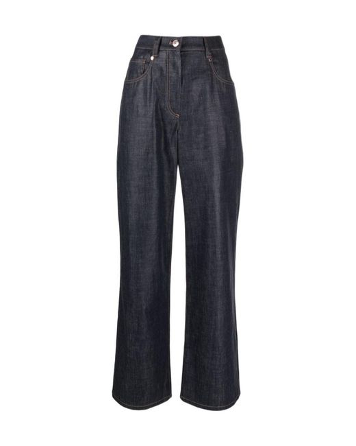 Brunello Cucinelli Blue High-Rise Wide-Leg Cotton Jeans