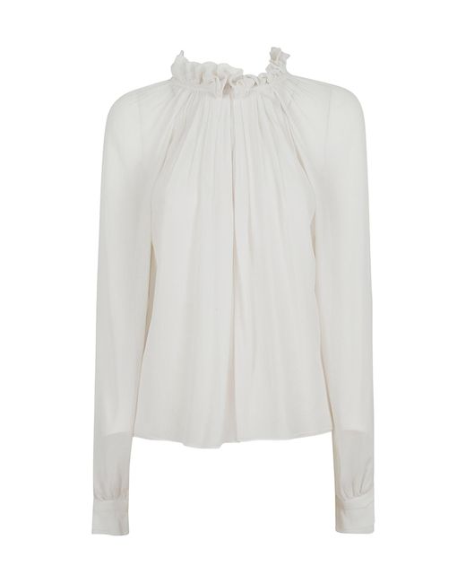 Alberta Ferretti White Pleated Ruffle-Neck Top