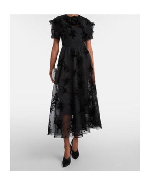 Rodarte Black Ruffled Floral Organza Midi Dress