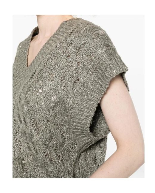Brunello Cucinelli Gray Dazzling V-Neck Cable Vest