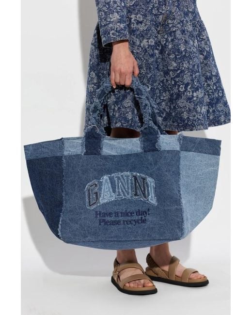 Ganni Blue Patchwork Frayed-Edge Tote Bag