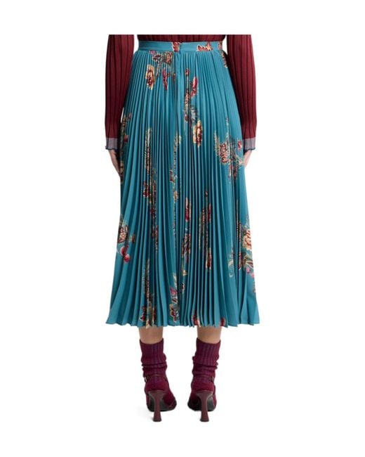 Etro Blue Pleated Floral-Print Midi Skirt