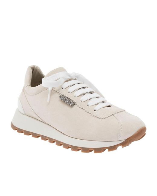 Brunello Cucinelli White Round-Toe Lace-Up Sneakers