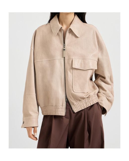 Brunello Cucinelli Natural Leather Bomber Jacket