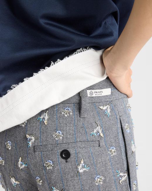 Prada Gray Embroidered Wool Pinstripe Shorts