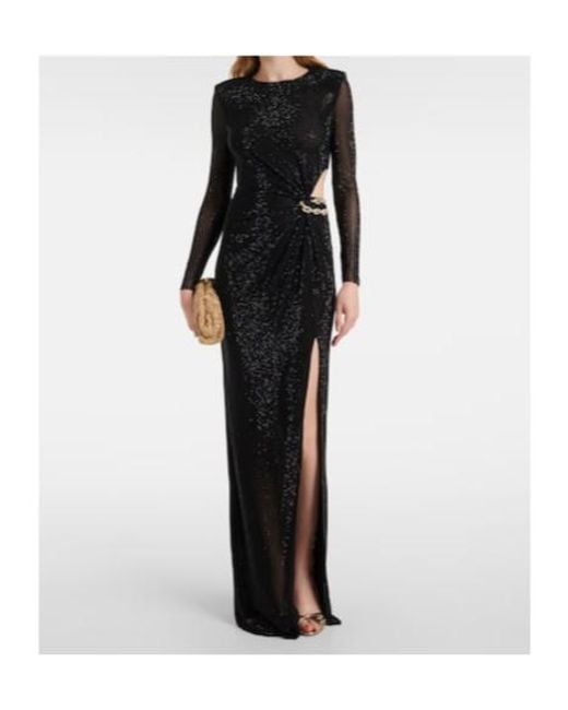 Self-Portrait Black Rhinestone-Embellished Mesh Maxi Dress