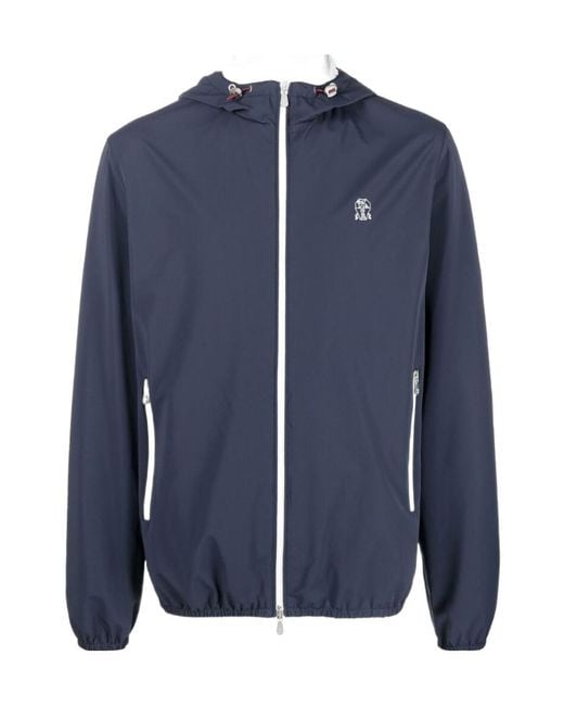 Brunello Cucinelli Blue Embroidered-Logo Water-Resistant Jacket for men