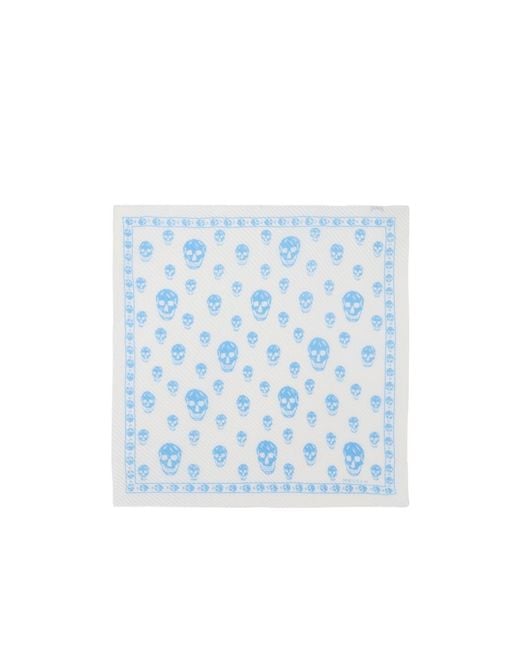 McQueen Blue Pleated Skull-Print Scarf