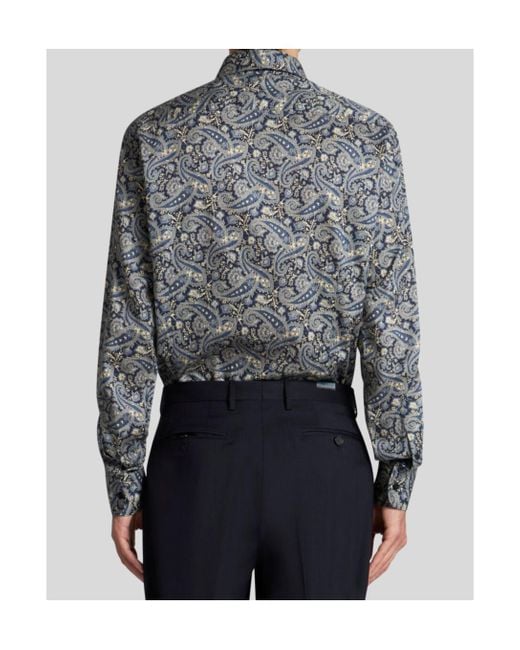 Etro Blue Paisley-Printed Long Sleeved Shirt for men