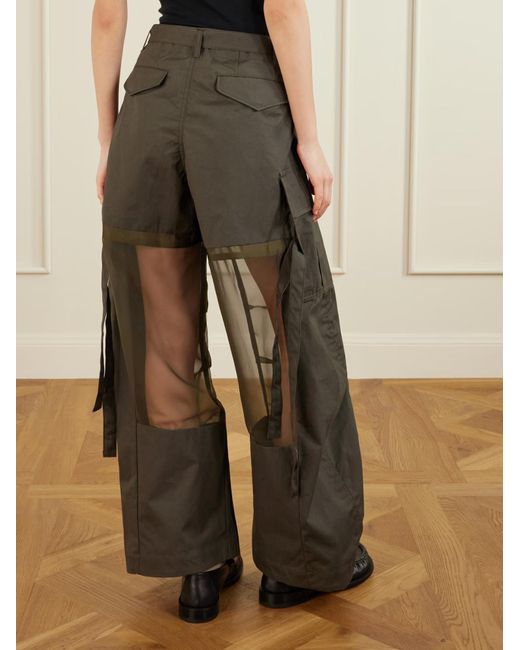Sacai Green Chiffon And Cotton Wide-Leg Pants