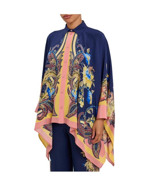 Etro Blue Printed Asymmetric Silk Shirt