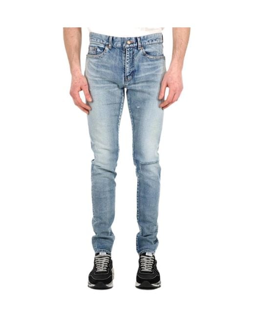 Saint Laurent Blue Distressed Skinny-Fit Denim Trousers With Belt Loops for men
