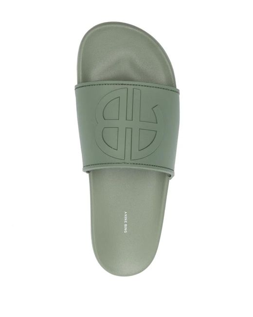 Anine Bing Green Logo-Embossed Faux-Leather Slides
