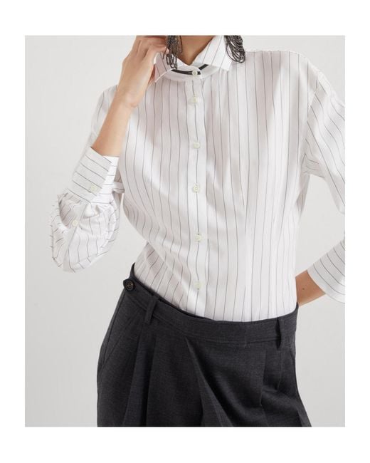 Brunello Cucinelli White Striped Collared Long-Sleeve Shirt