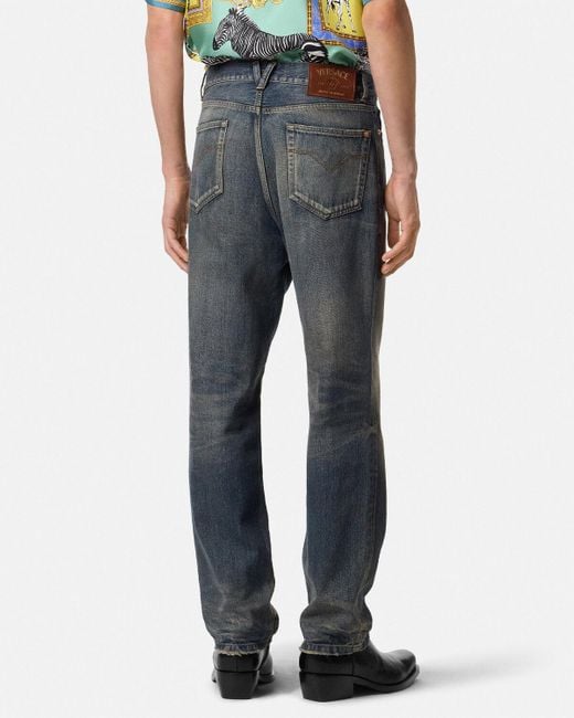 Versace Blue Logo-Plaque Cotton Jeans for men