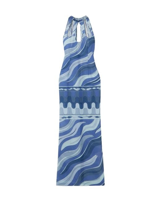 Emilio Pucci Blue Pucci Swirl-Printed Cut-Out Halterneck Dress