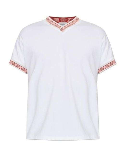 Versace White Greca Trim V-Neck T-Shirt for men