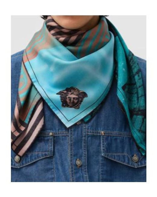 Versace Blue Pattern Printed Twill Scarf for men