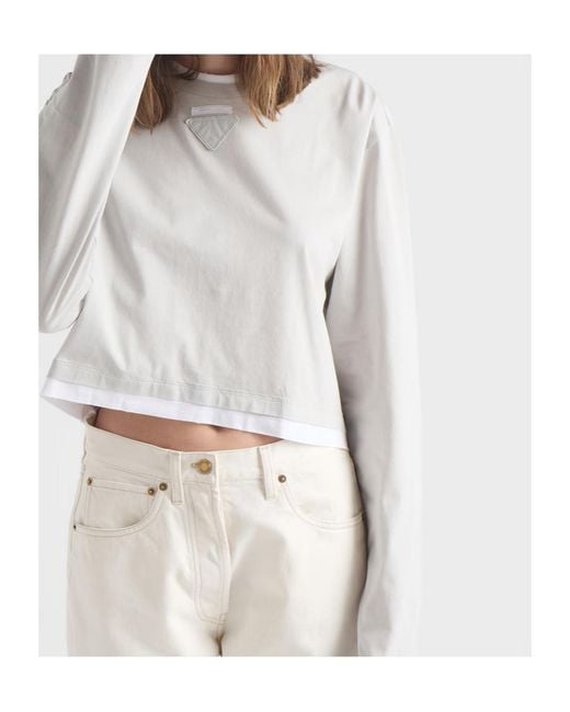 Prada White Girocollo Cropped Long-Sleeve T-Shirt
