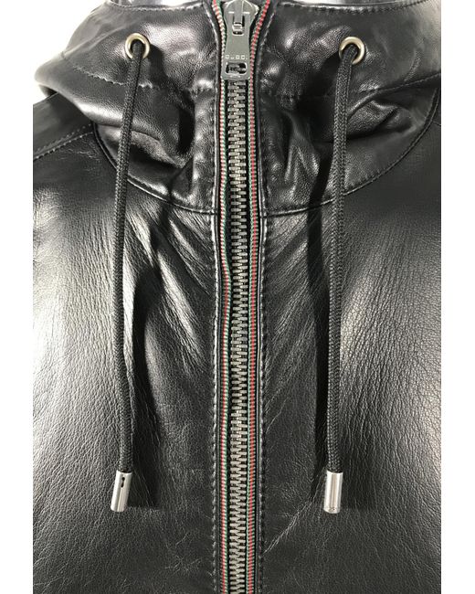 Gucci Black Logo Hooded Leather Jacket for men