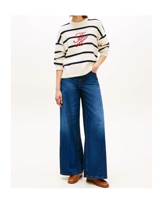 Tommy Hilfiger White Striped-Pattern Sweater