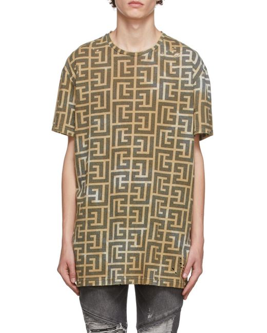 Balmain Green Monogram-Print Short-Sleeved T-Shirt for men