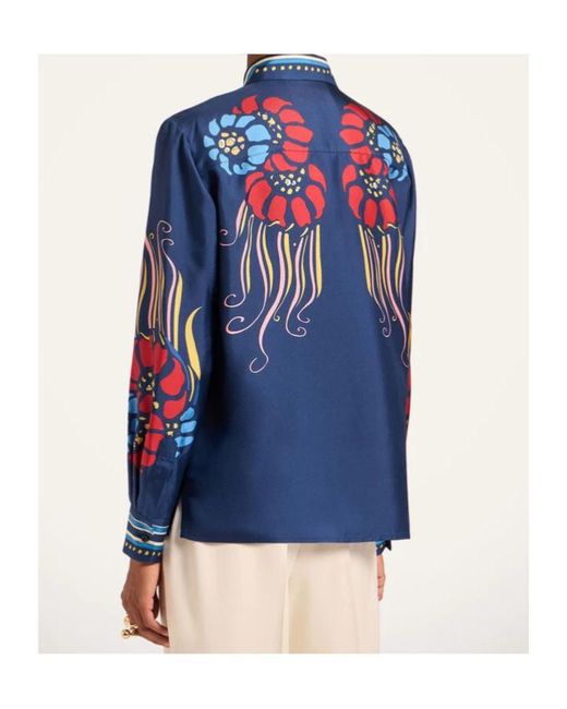 LaDoubleJ Blue Lemuria Placée Floral-Print Button-Down Silk Shirt