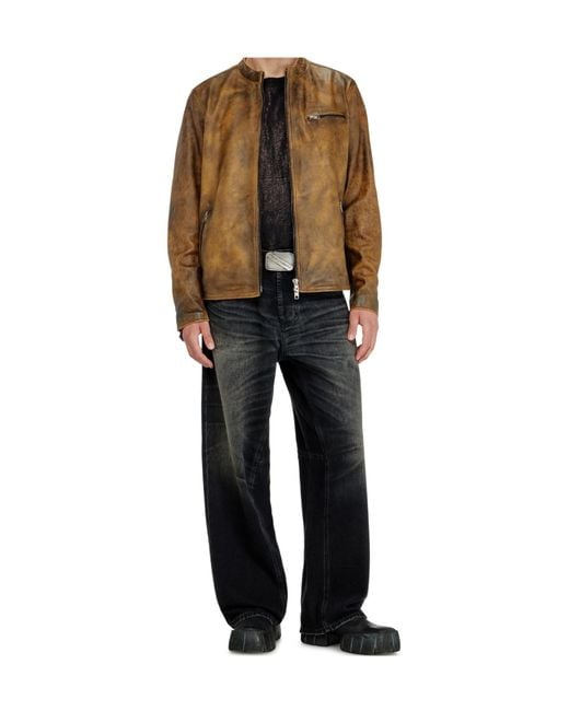 DIESEL Brown Oval-D Embossed Leather Jacket for men