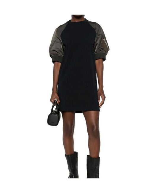 Sacai Black Panelled Puff-Sleeve Mini T-Shirt Dress