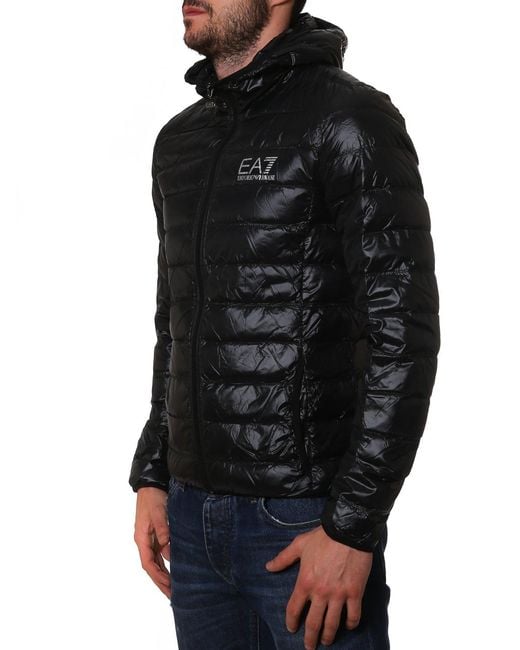 EA7 Black Logo Printed Quilted Down Jacket for men