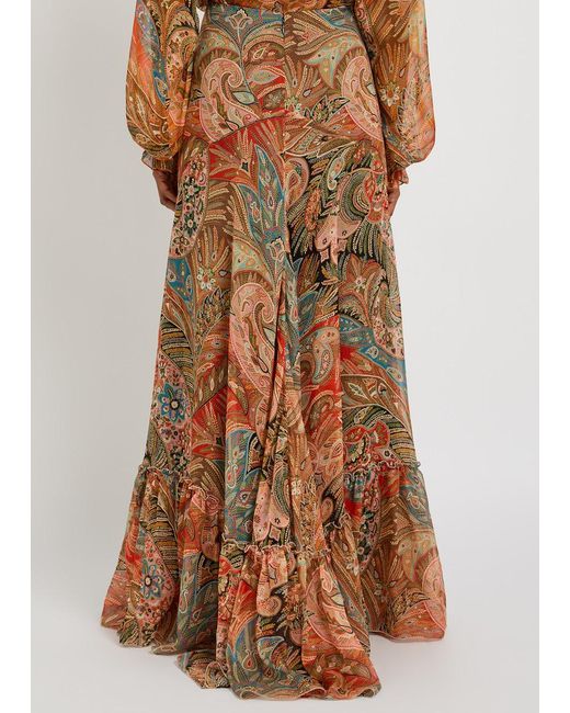 Etro Brown Paisley Ruffled Silk Maxi Skirt