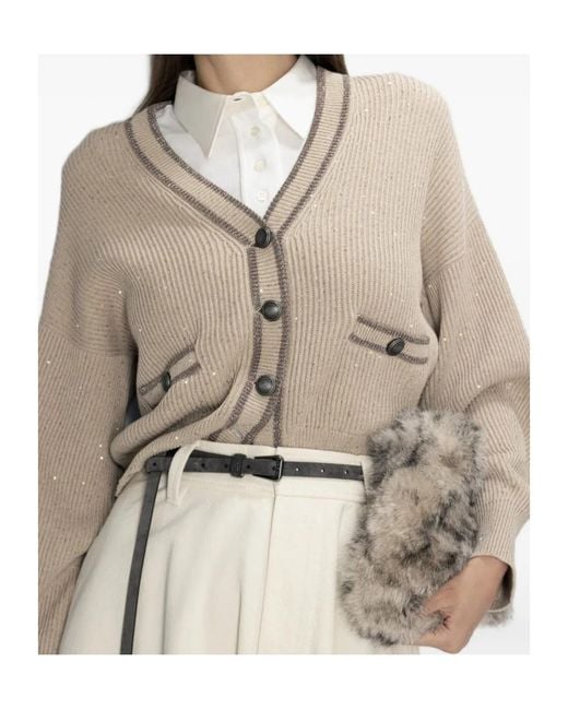 Brunello Cucinelli Natural Sequin-Embellished Ribbed Cardigan
