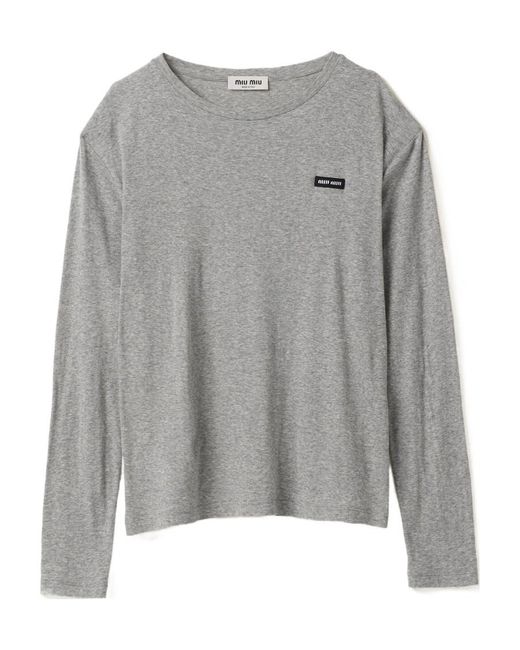 Miu Miu Gray Long-Sleeved Ribbed Jersey T-Shirt