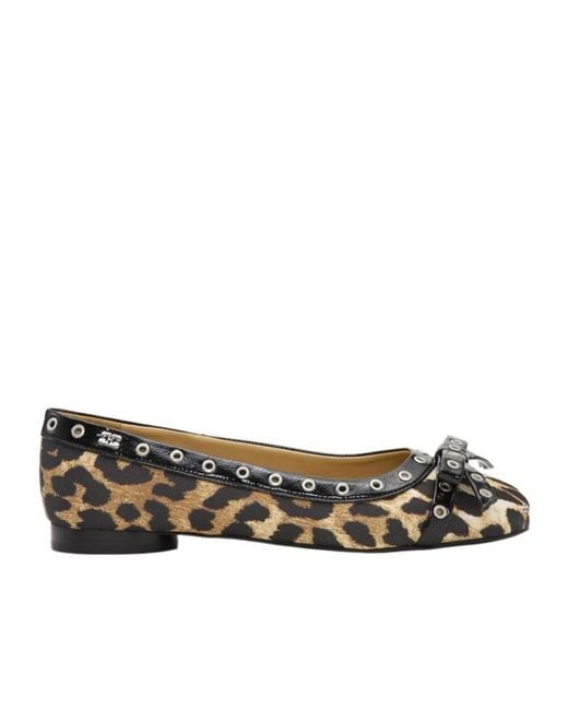 Ganni Brown Leopard Eyelet Bow Ballerinas