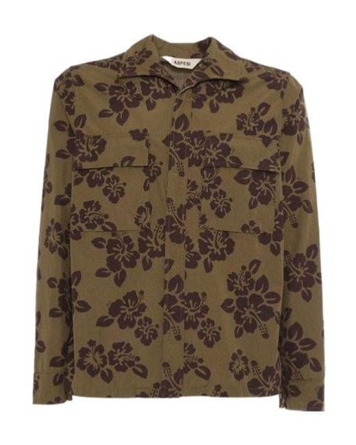 Aspesi Green Jarvis Shirt With Khaki Flowers for men