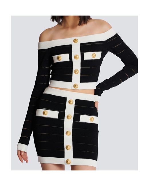 Balmain Black Off-The-Shoulder Crop Top