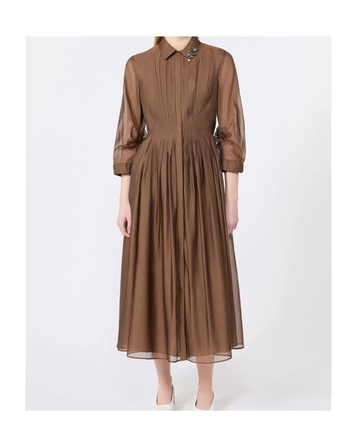 Max Mara Brown Crystal-Embellished Pleated Midi Dress