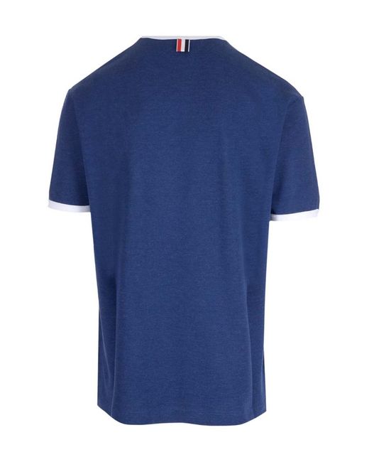 Thom Browne Blue Stripe-Trim Crewneck T-Shirt for men