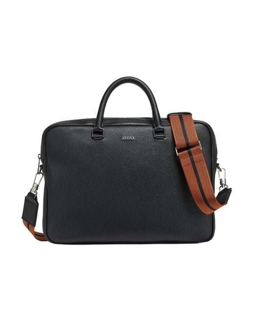 Zegna Black Edgy Logo-Lettering Leather Briefcase for men