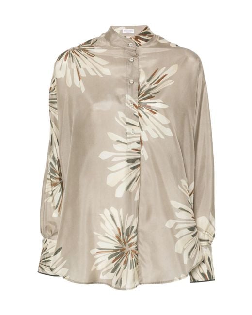 Brunello Cucinelli Natural Floral-Print Blouse