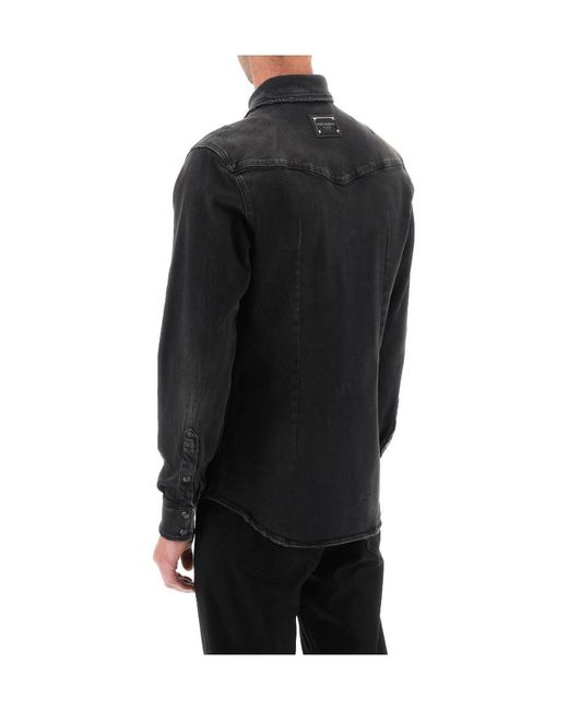Dolce & Gabbana Black Distressed Denim Buttoned Shirt for men