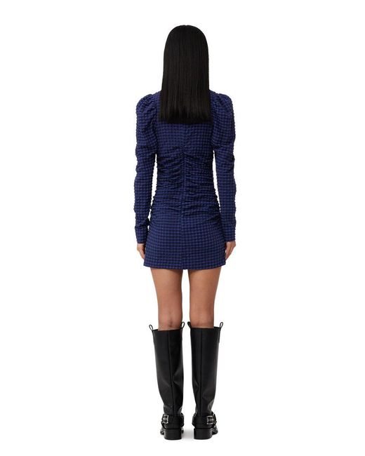 Ganni Blue Gingham Printed Crewneck Seersucker Mini Dress
