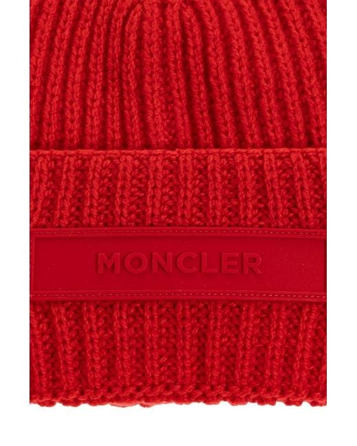 Moncler Red Logo Patch Ribbed Beanie for men