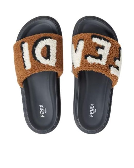 Fendi Brown Logo Lettering Wide-Band Slides for men