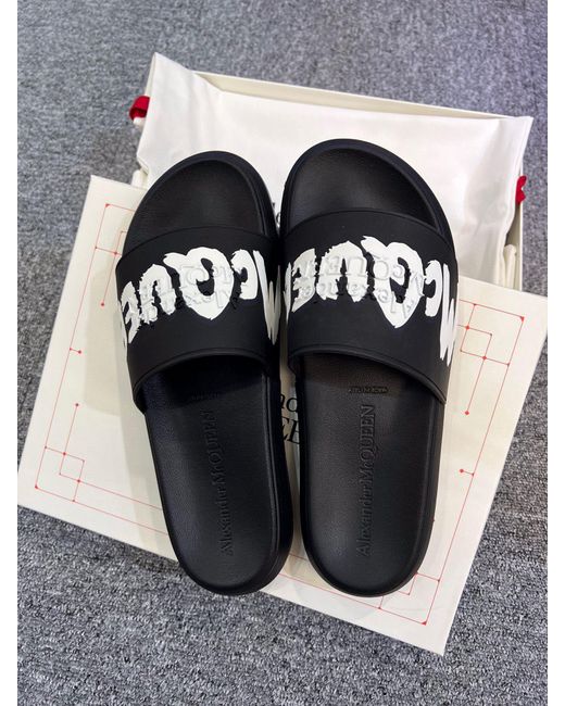 McQueen Black Grafitti Logo Printed Slip-On Slides for men