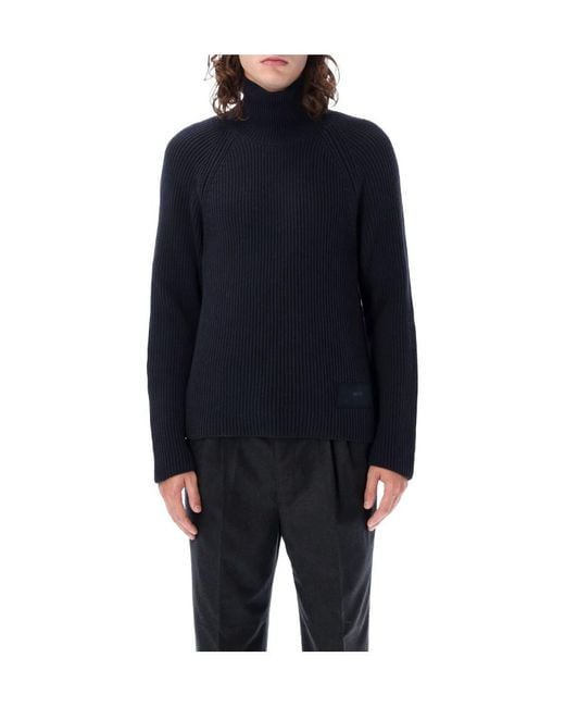 AMI Blue High Neck Ribbed Jumper for men